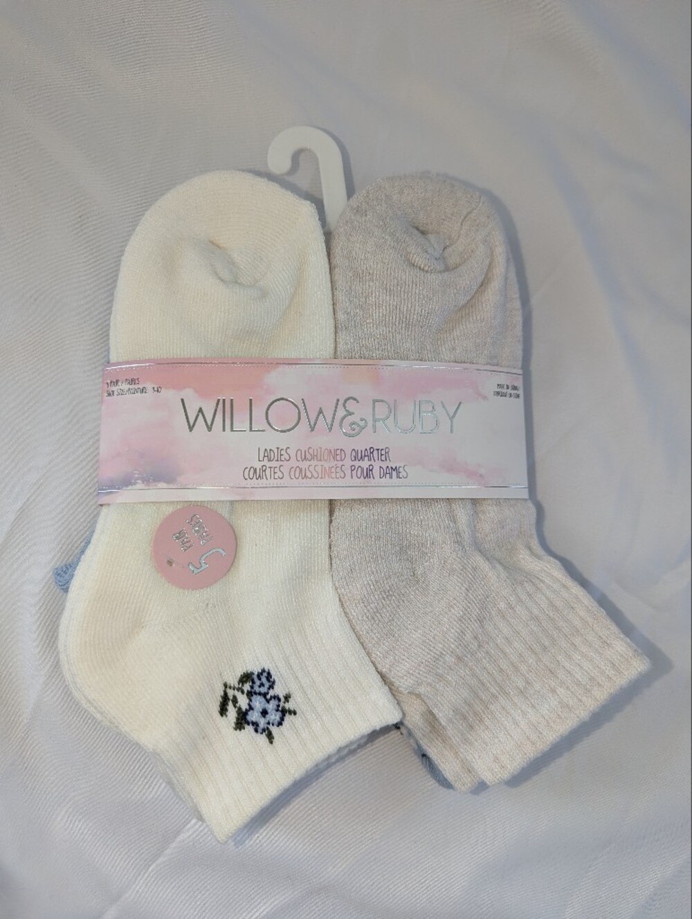 Willow &Ruby Cushioned Quarter Socks - 5 Pairs Cream, Light Gray, Blue Floral